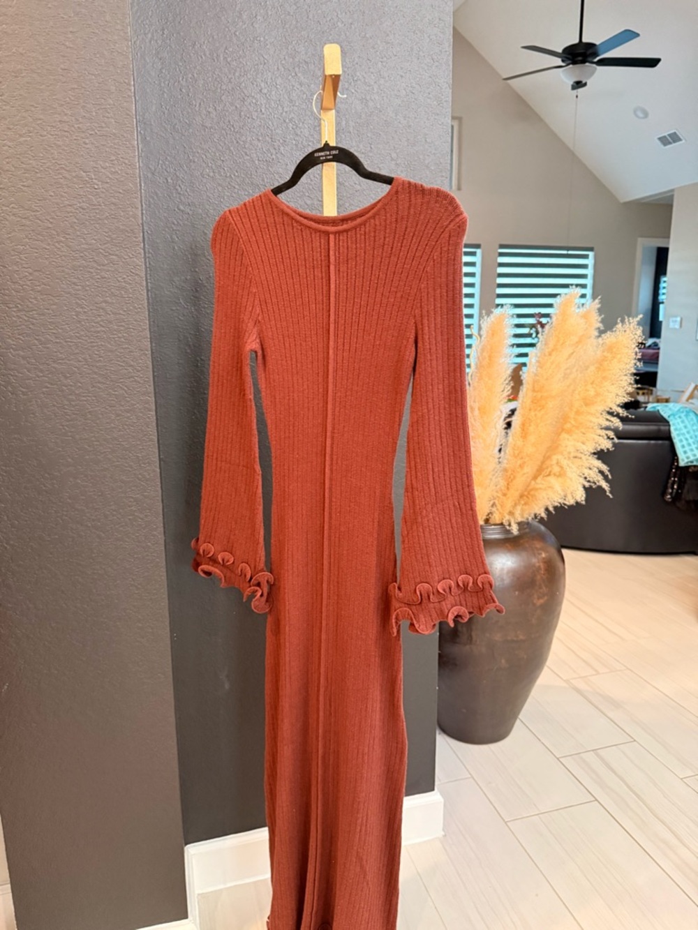 Commense Rust Ribbed Maxi Dress with Ruffle Bell Cuffs